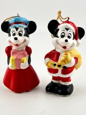 Walt Disney Productions Japan Mickey & Minnie Mouse Ceramic Christmas Ornaments